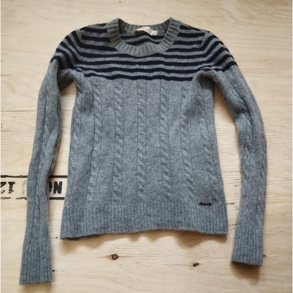 Tory Burch Light Gray Cable Knit Crewneck with Navy Stripe Yoke